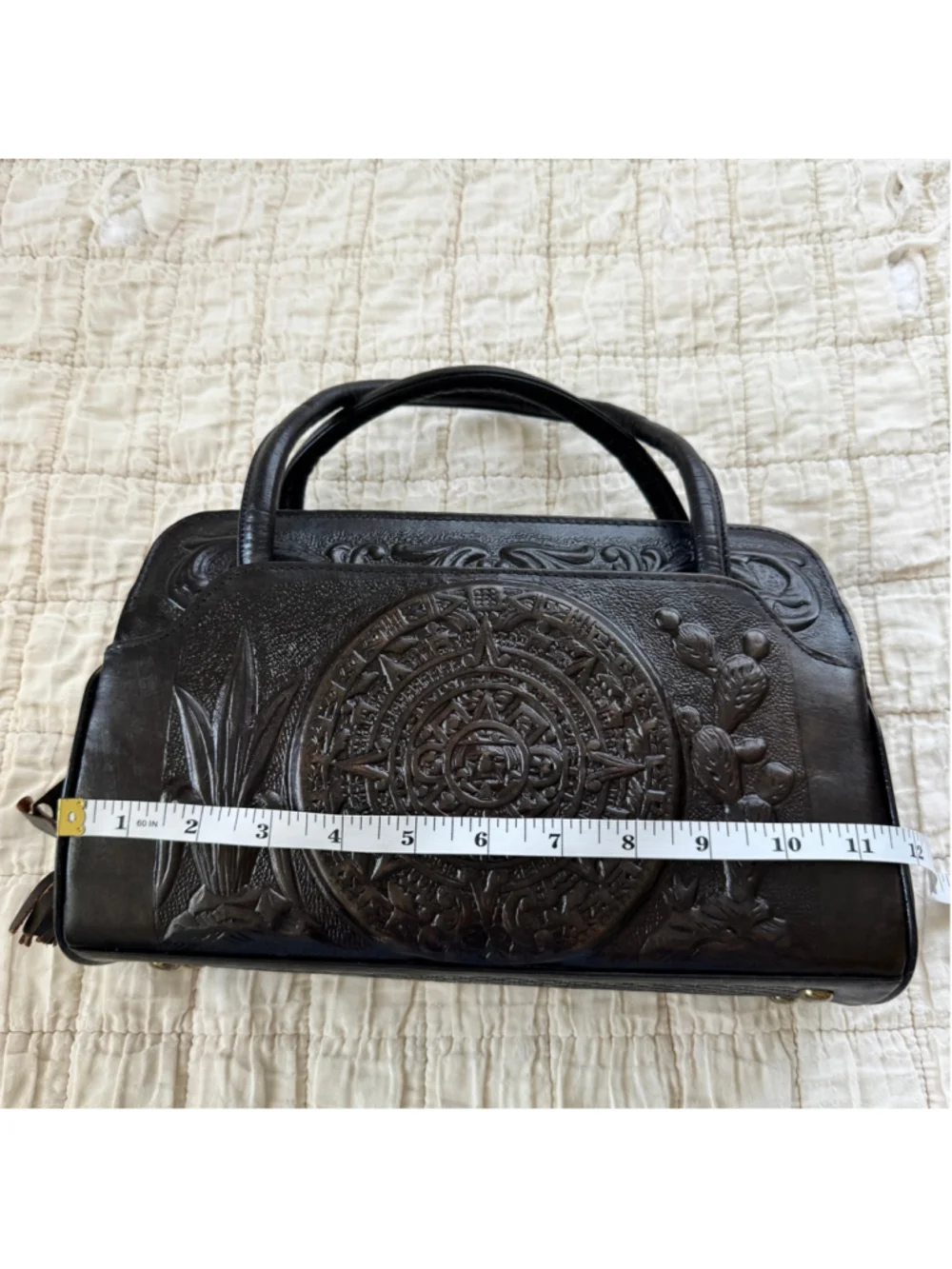 Tooled Leather Purse From Mexico • Intricate Rose, Bird, Aztec Calendar Designs
